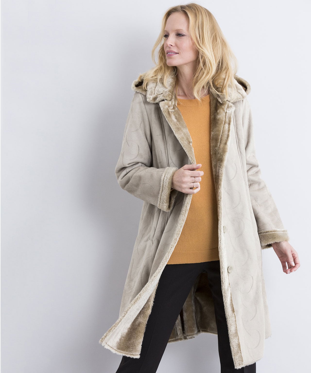manteau long imitation peau lainée femme