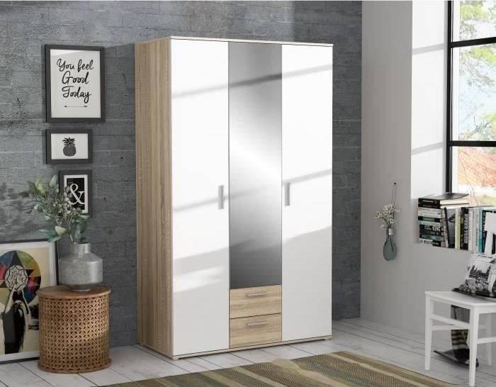 Armoire de chambre SELKEA 3 portes Décor blanc et chêne