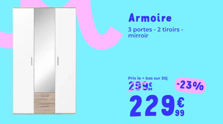 Armoire SELKEA 3 Portes à -23% | Blanc & Chêne, Miroir & Tiroirs | Soldes Cdiscount