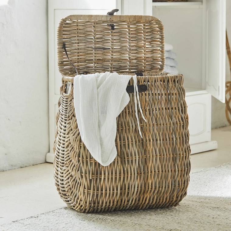 Panier à linge SOLINETTE en Rotin marron/crème - Loberon