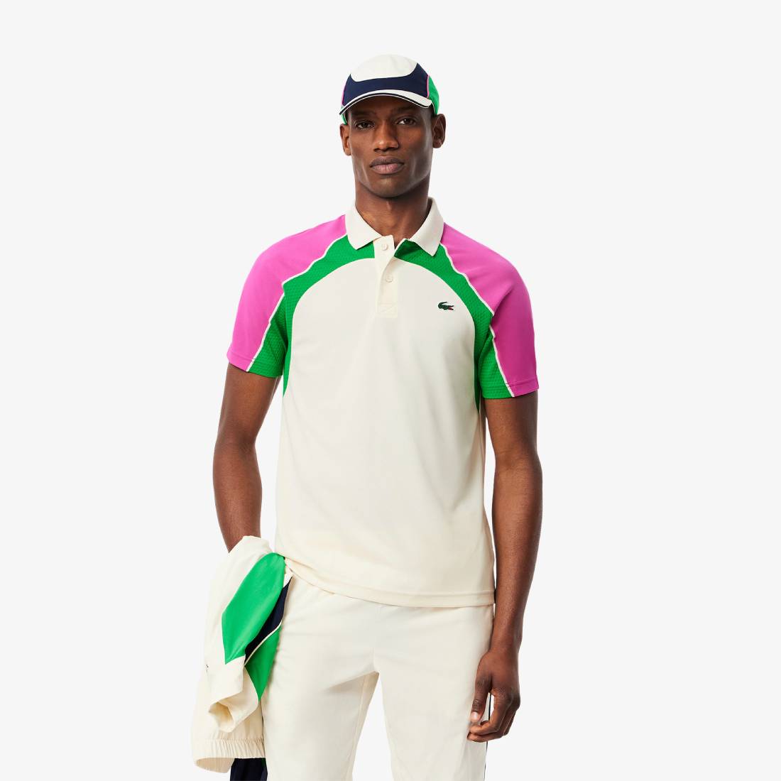 Polo Tennis color-block Ultra Dry Homme Lacoste Blanc/Rose/Vert