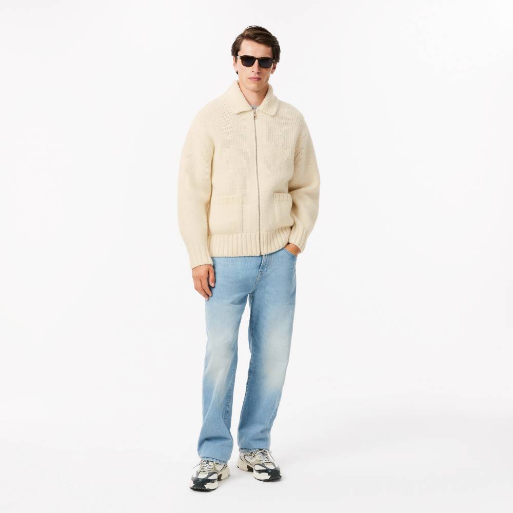 Pull relaxed fit Homme Lacoste en laine cardée col châle beige