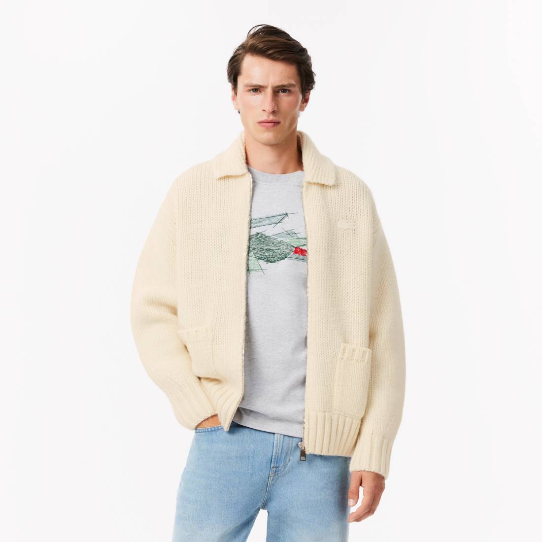 Pull relaxed fit Homme Lacoste en laine cardée col châle beige