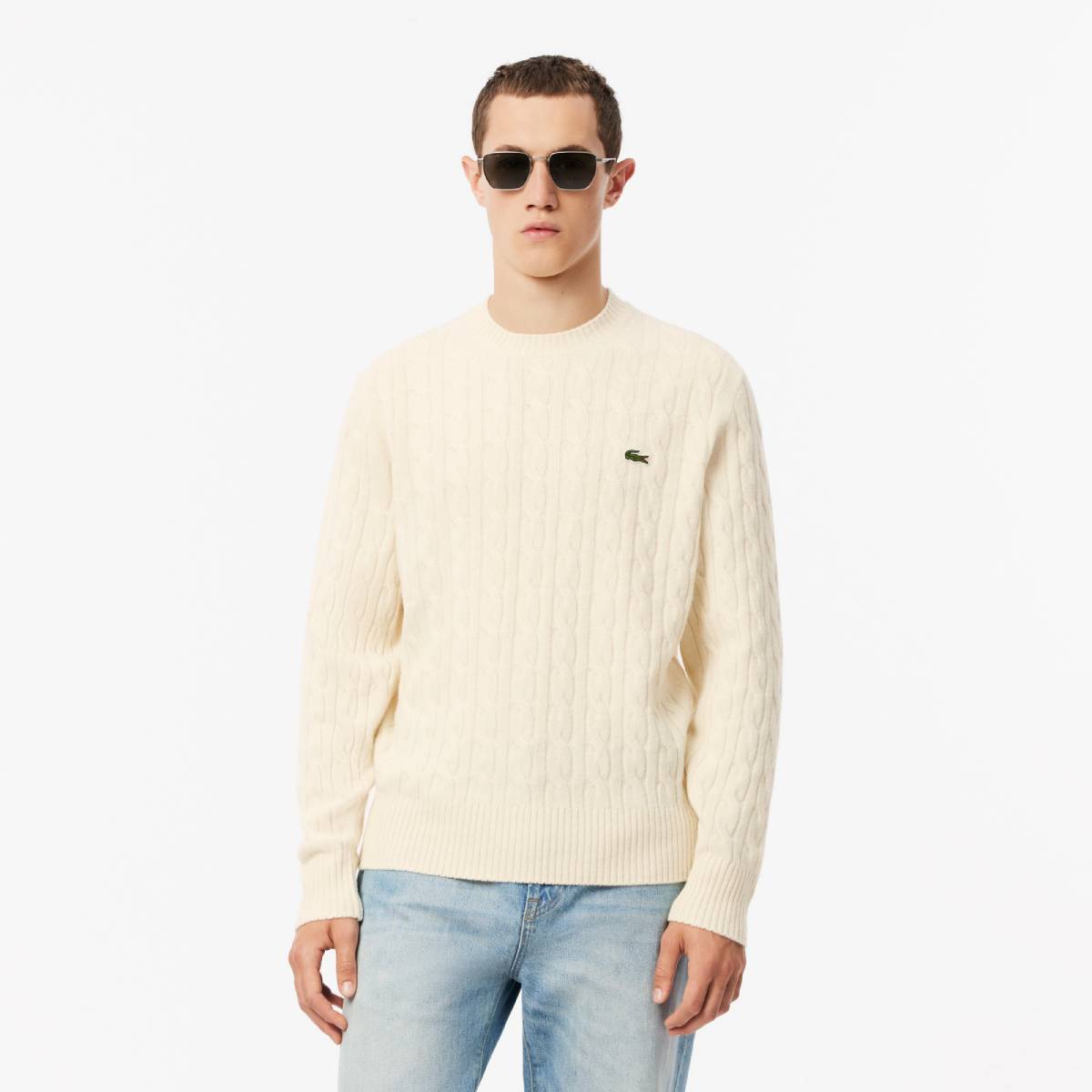 Pull en laine cardée épaisse Homme Lacoste col rond Blanc écru