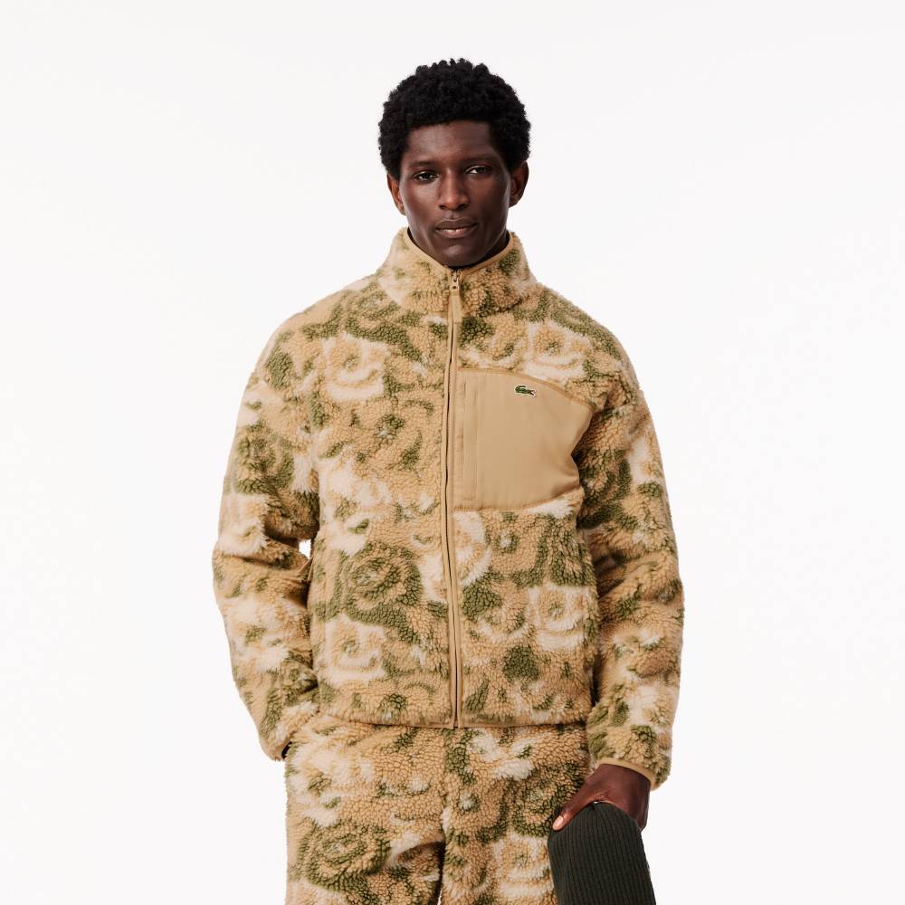 Veste polaire zippée motif floral Homme Lacoste Beige/Vert Kaki/Gris