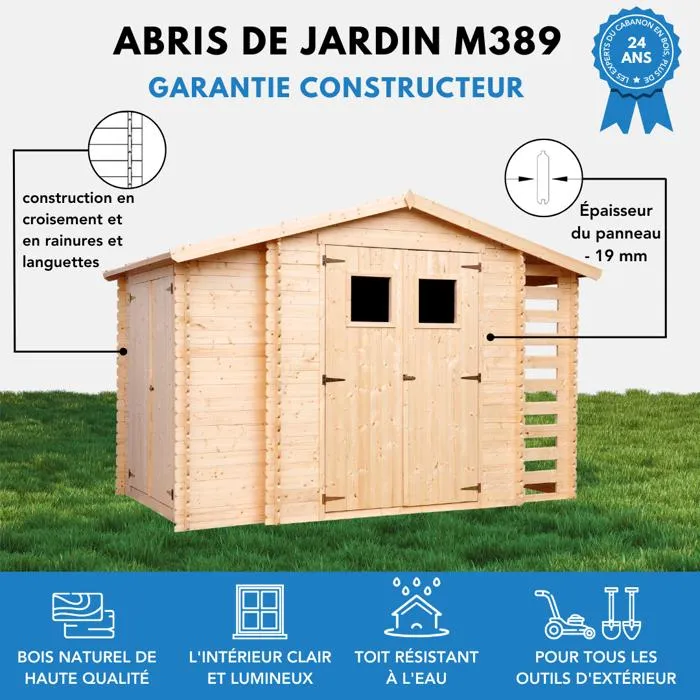 Abri de jardin en bois TIMBELA M389+M389G 3.53m² + 0,97m² + 0,97m² et Range bûches extérieur