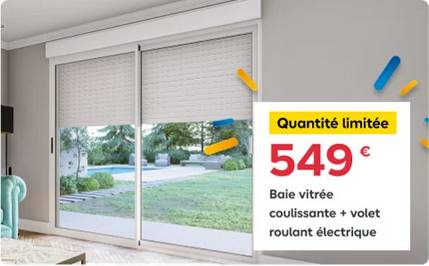 Baie coulissante alu blanc SOMFY l.240 x H.200 cm Uw=2 avec volet roulant électrique intégré motorisation pas cher de Castorama