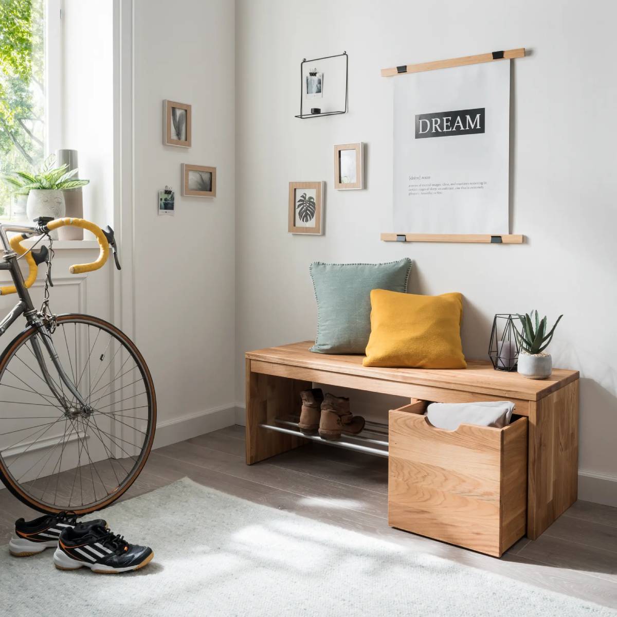 Banc à chaussures CYRIEL bois massif avec 1 cube de rangement de CAMIF : Réduction de -10%