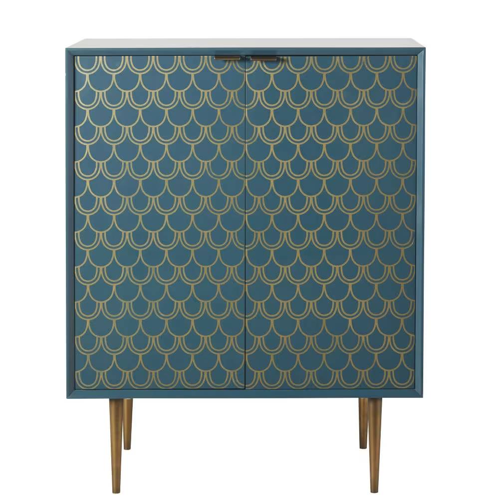 Buffet BARACUDA 2 portes bleu turquoise motifs graphiques dorés - Maisons du Monde