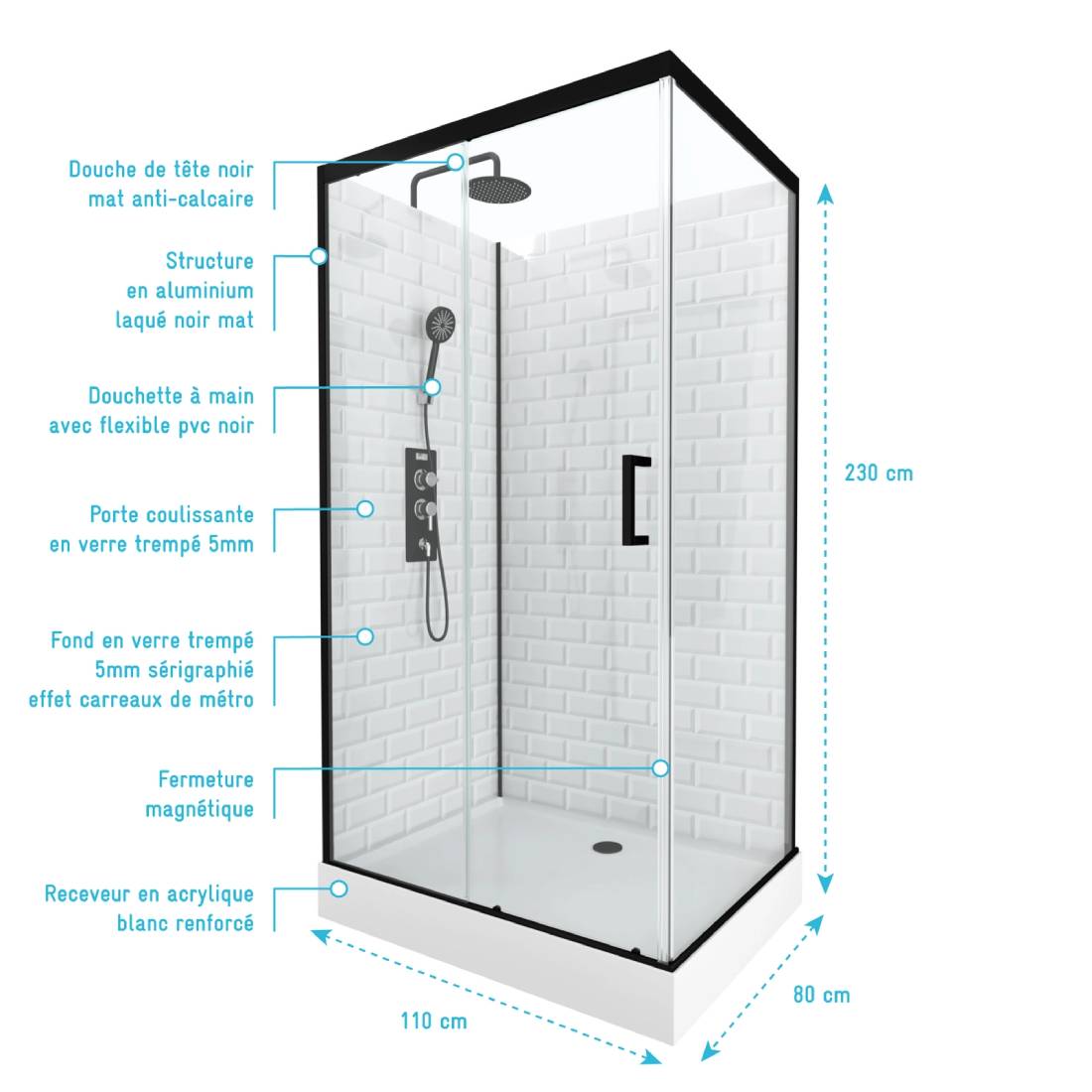 Cabine de douche rectangle AURLANE à Motif Carreaux de Métro