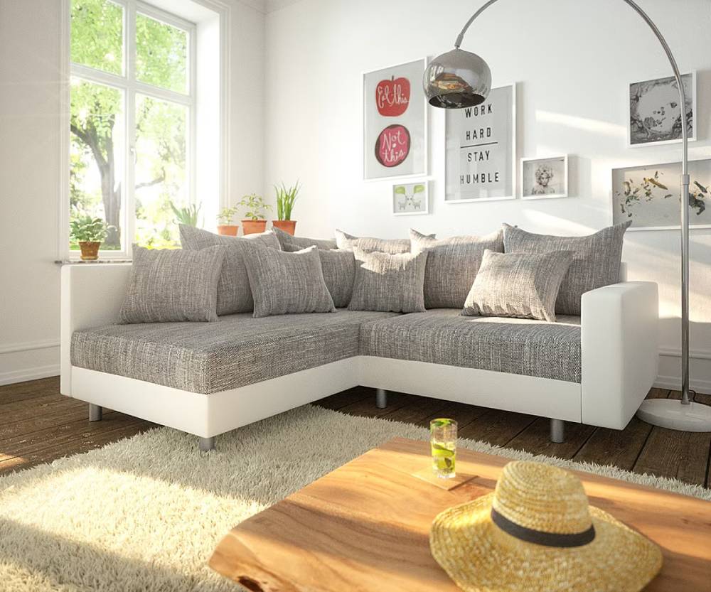 Canapé d'angle gauche Modulaire CLOVIS avec Pouf blanc gris clair - DELIFE