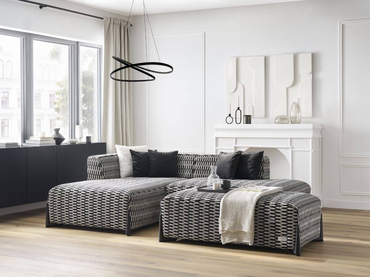 BOBOCHIC Canapé d'angle fixe MEGEVE Édition limitée tissu chiné avec pouf