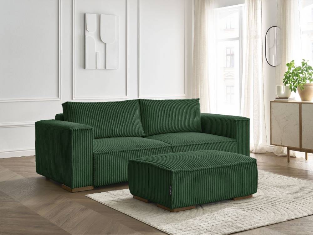 Canapé droit convertible CHELSEA de BOBOCHIC avec coffre  gros côtelé doux avec pouf vert