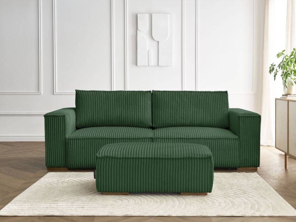 Canapé droit convertible CHELSEA de BOBOCHIC avec coffre  gros côtelé doux avec pouf vert