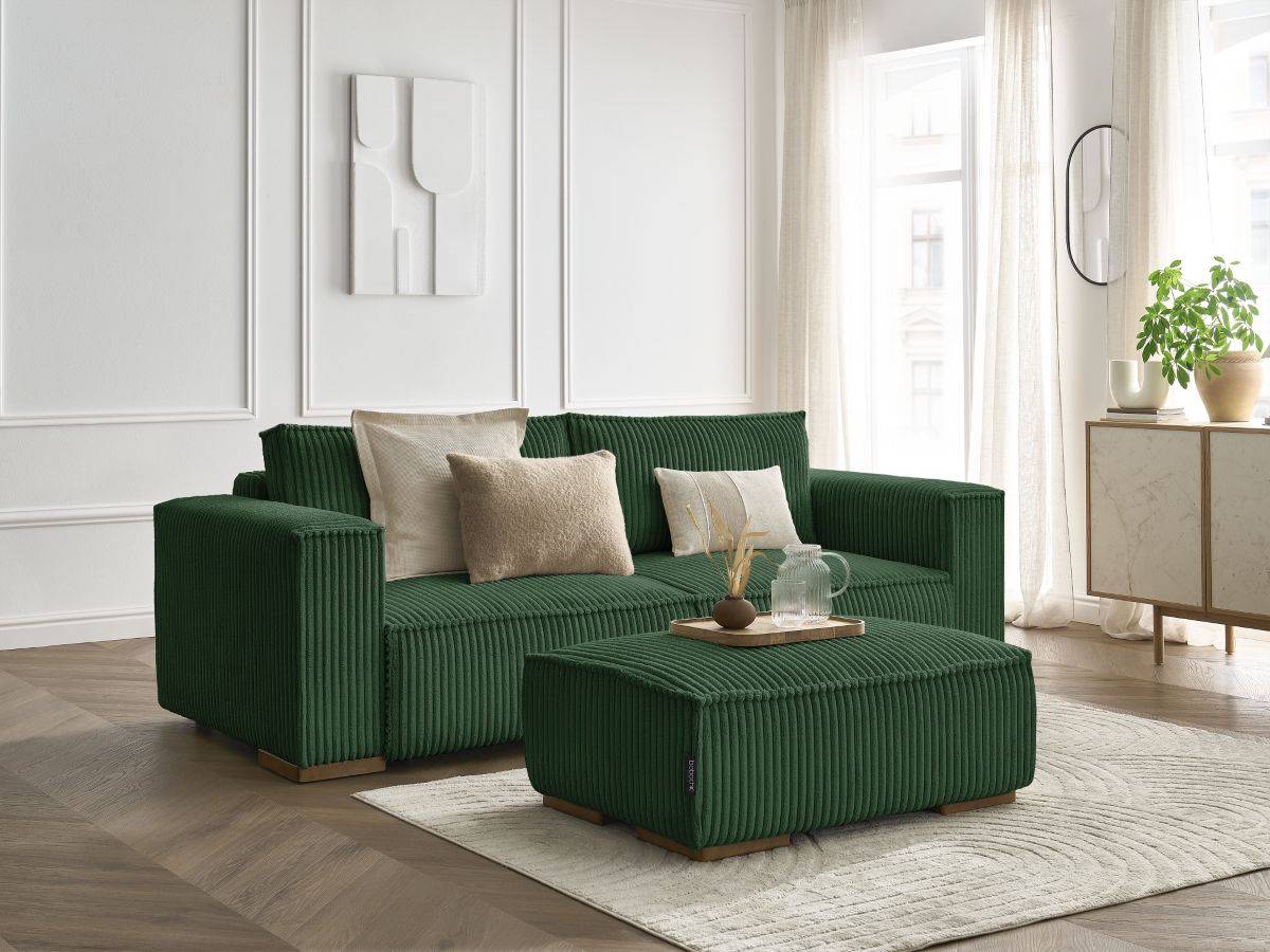 Canapé droit convertible CHELSEA de BOBOCHIC avec coffre  gros côtelé doux avec pouf vert