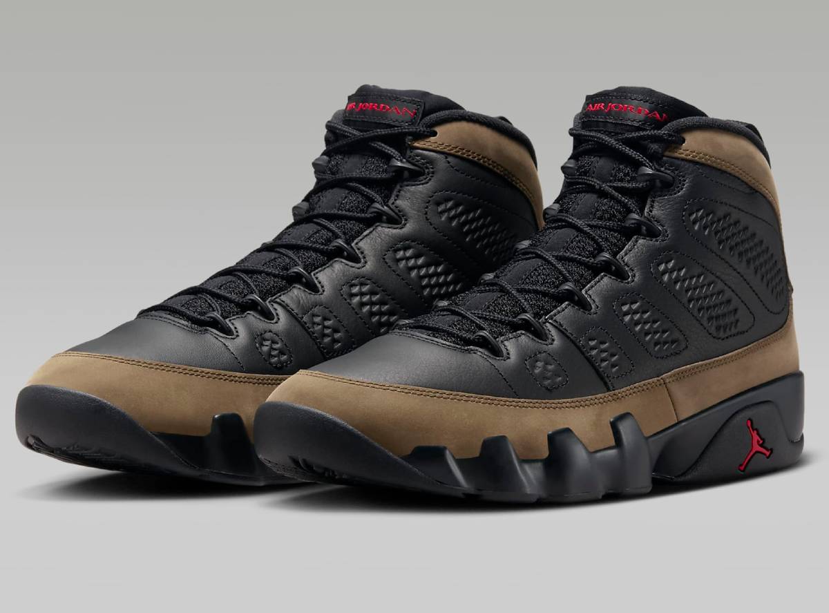 Air Jordan 9 Retro « Olive » Baskets Montantes Noir/Olive Clair/Vrai Rouge pour Homme