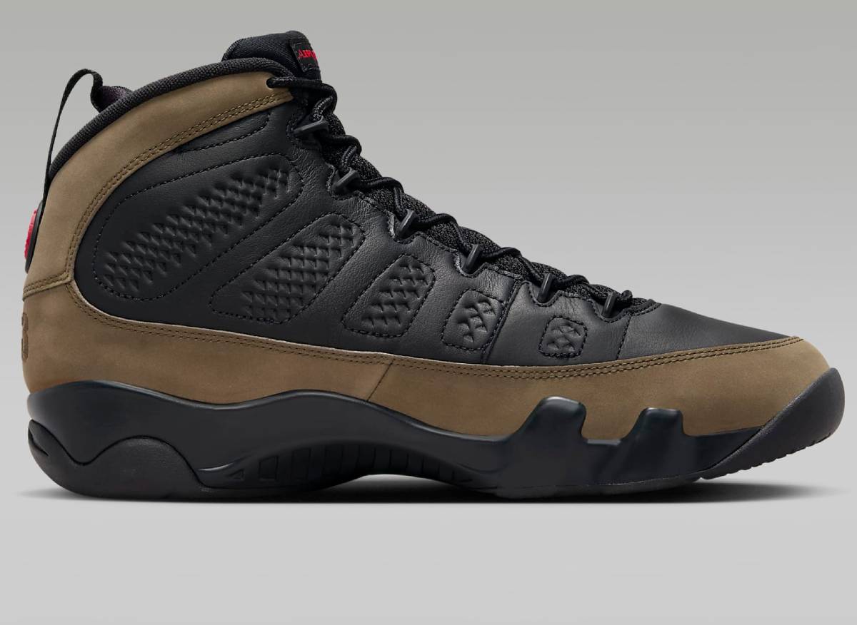 Air Jordan 9 Retro « Olive » Baskets Montantes Noir/Olive Clair/Vrai Rouge pour Homme