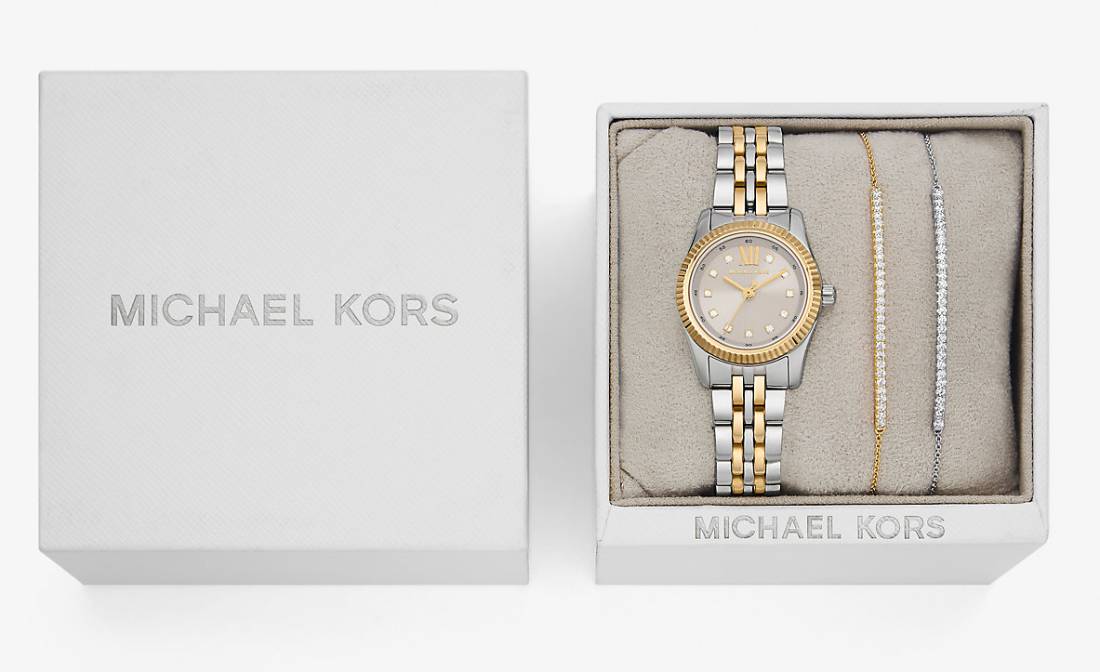 Michael Kors Coffret cadeau Femme avec Montre Lexington bicolore à pierres pavées et Bracelets à glissière