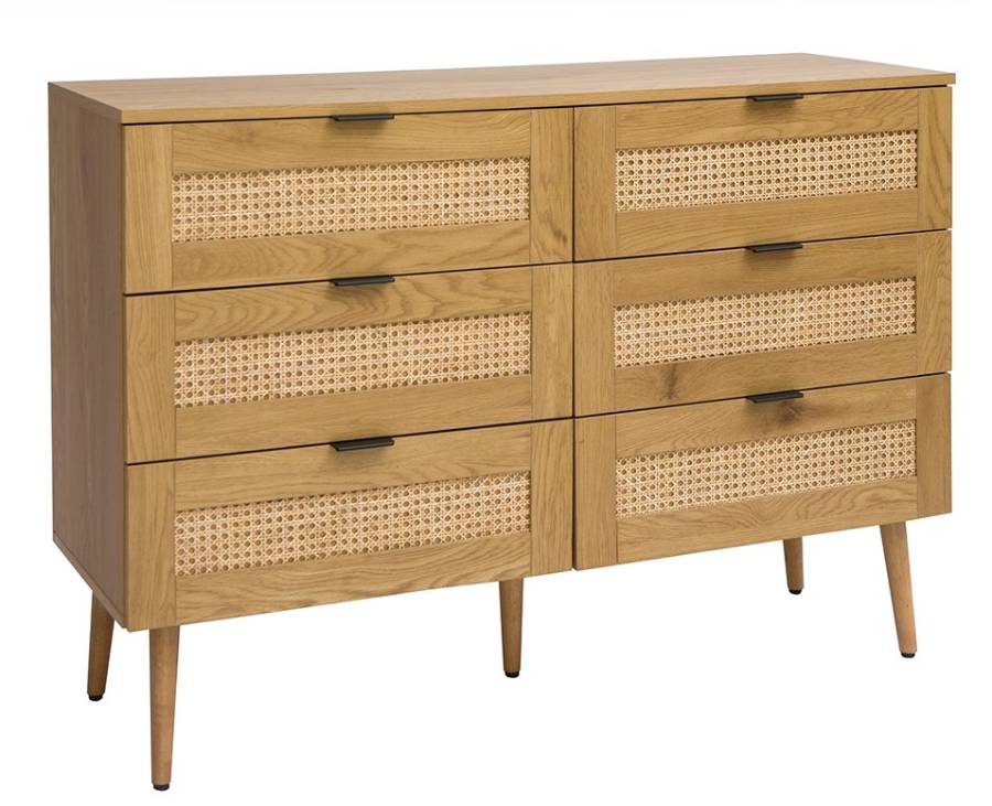 Commode MANILLE 6 Tiroirs en bois clair et cannage rotin - Miliboo