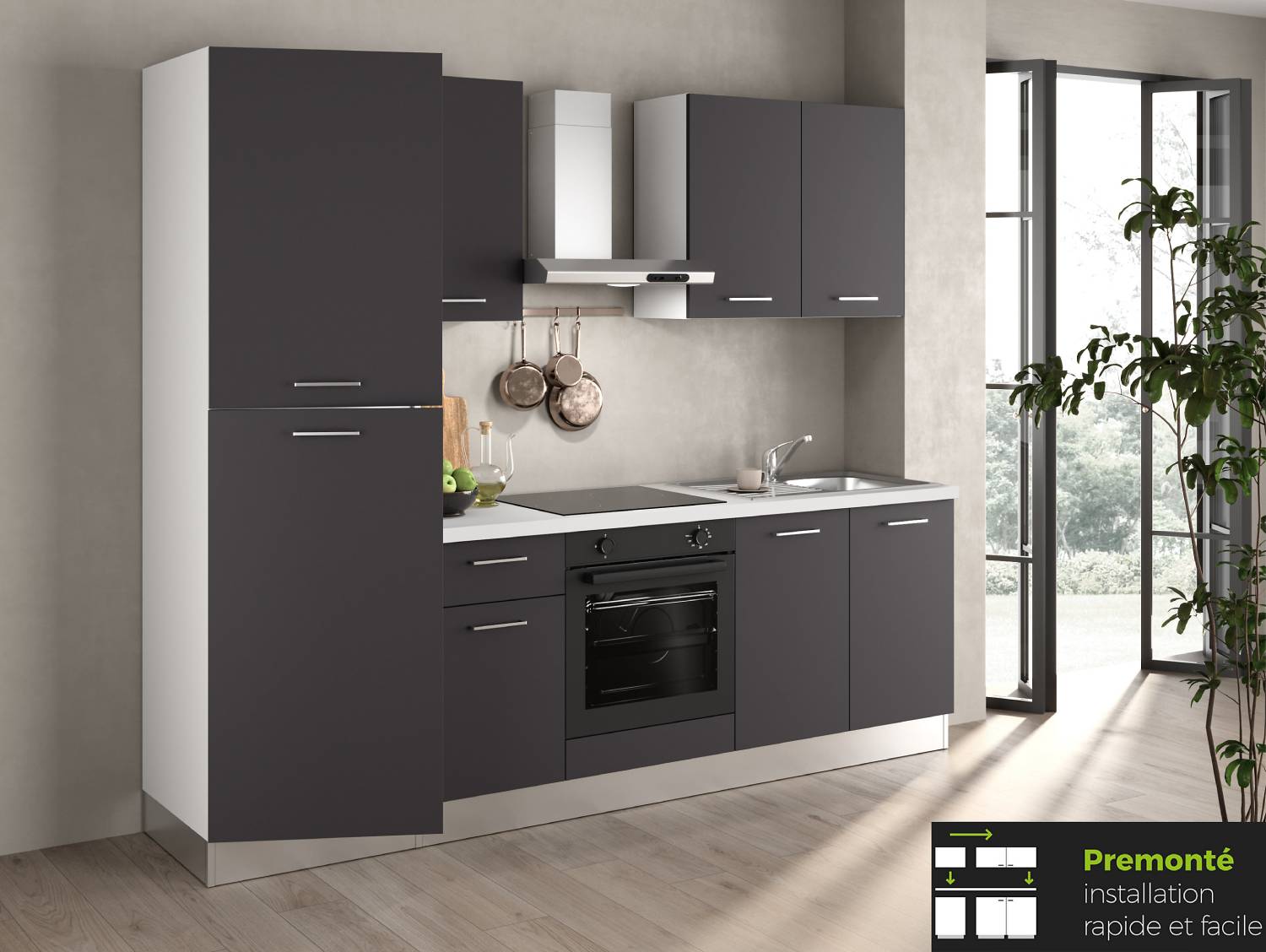 Cuisine complète montée All in SOPHIA gris L. 255 cm avec électroménager pas cher - Cuisine complète Castorama