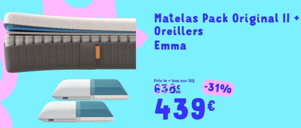 SOLDES Pack Matelas Original II EMMA 140x190 cm + Oreiller Original – Réduction de 31% chez Cdiscount