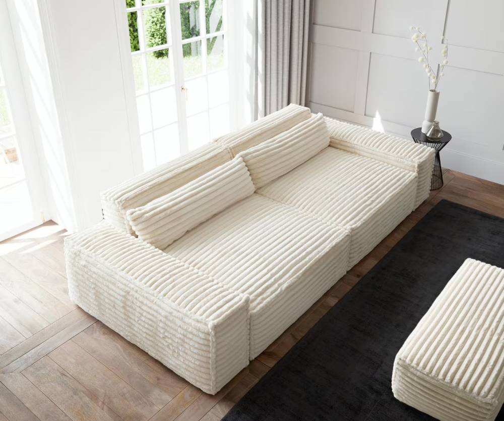 Grand Canapé SIRPIO Velours côtelé beige avec pouf - DELIFE