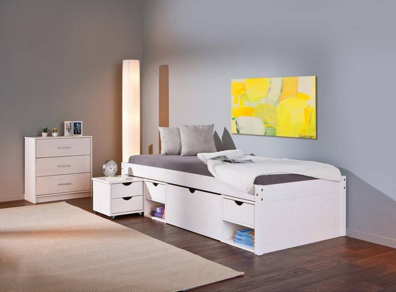 Lit KALO 90x200 cm en Bois avec 4 Espaces de Rangement Blanc