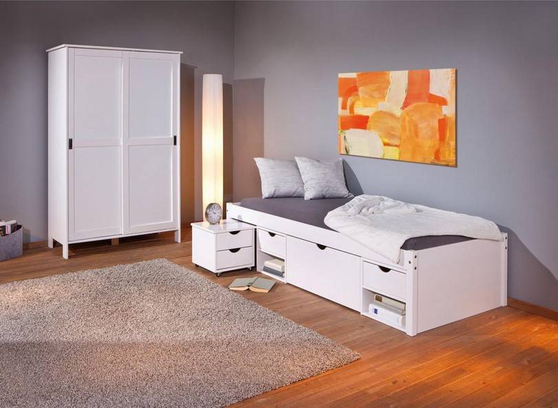 Lit KALO 90x200 cm en Bois avec 4 Espaces de Rangement Blanc