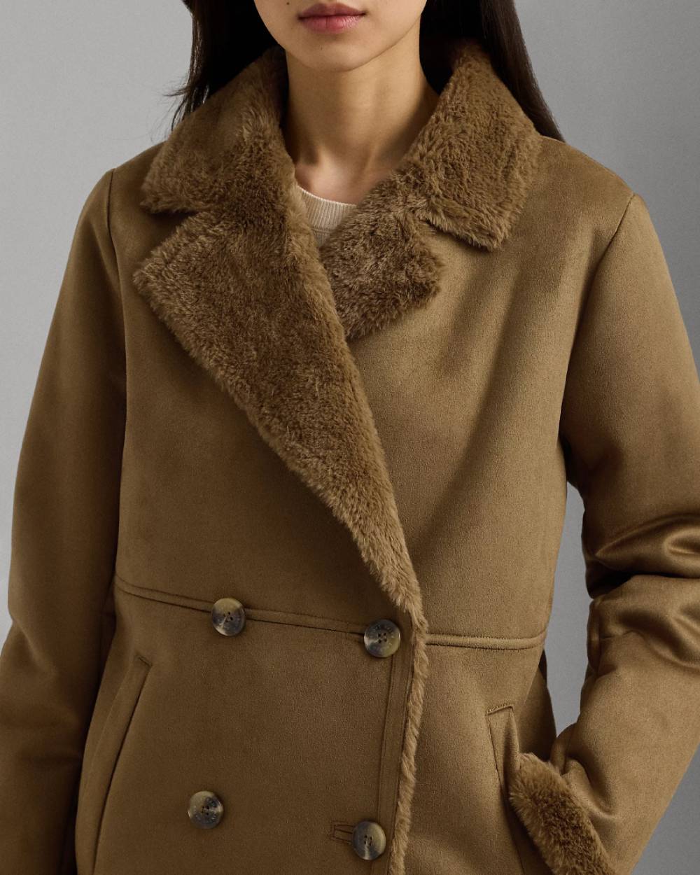 LAUREN Manteau fausse fourrure et daim vegan camel