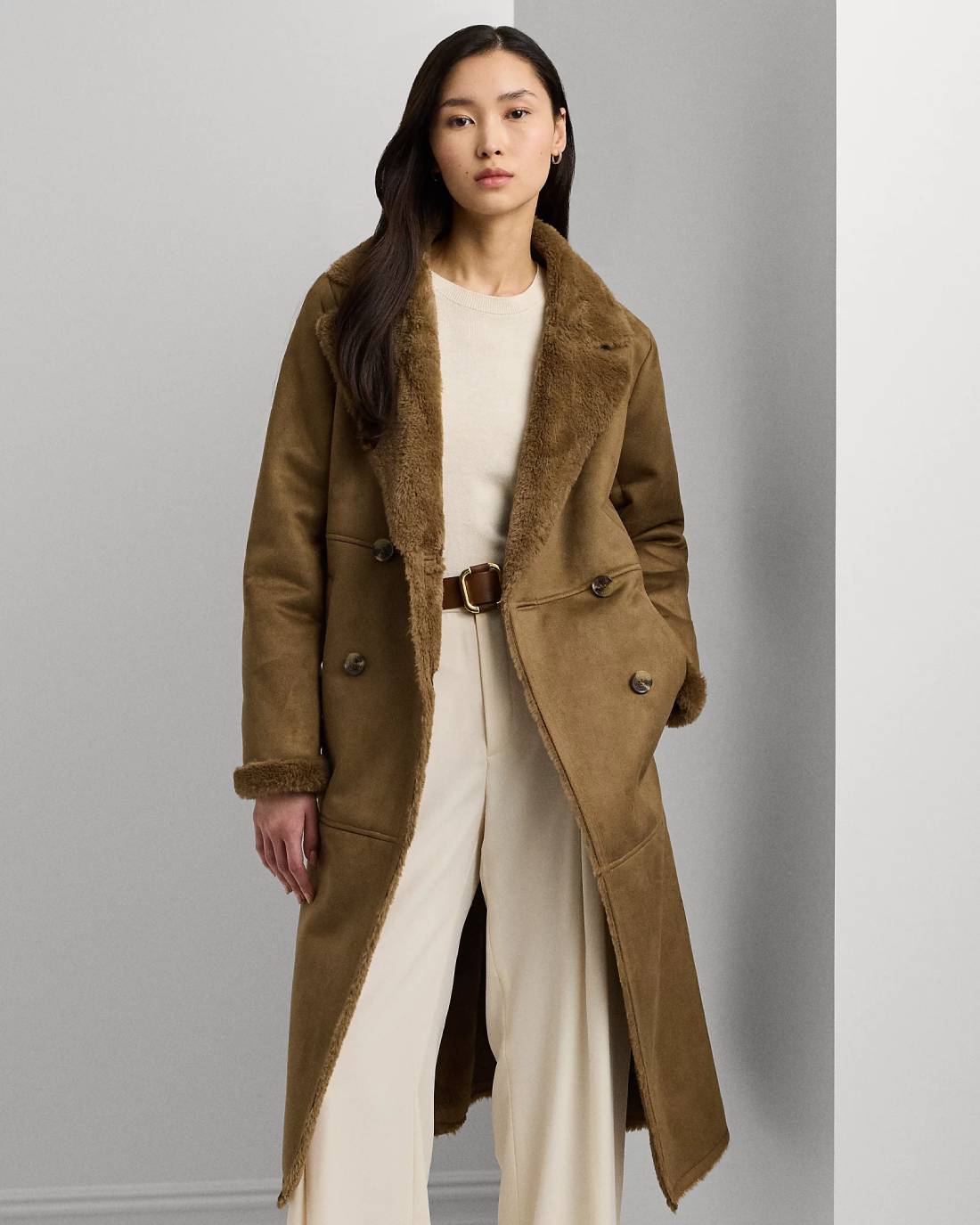 LAUREN Manteau fausse fourrure et daim vegan camel