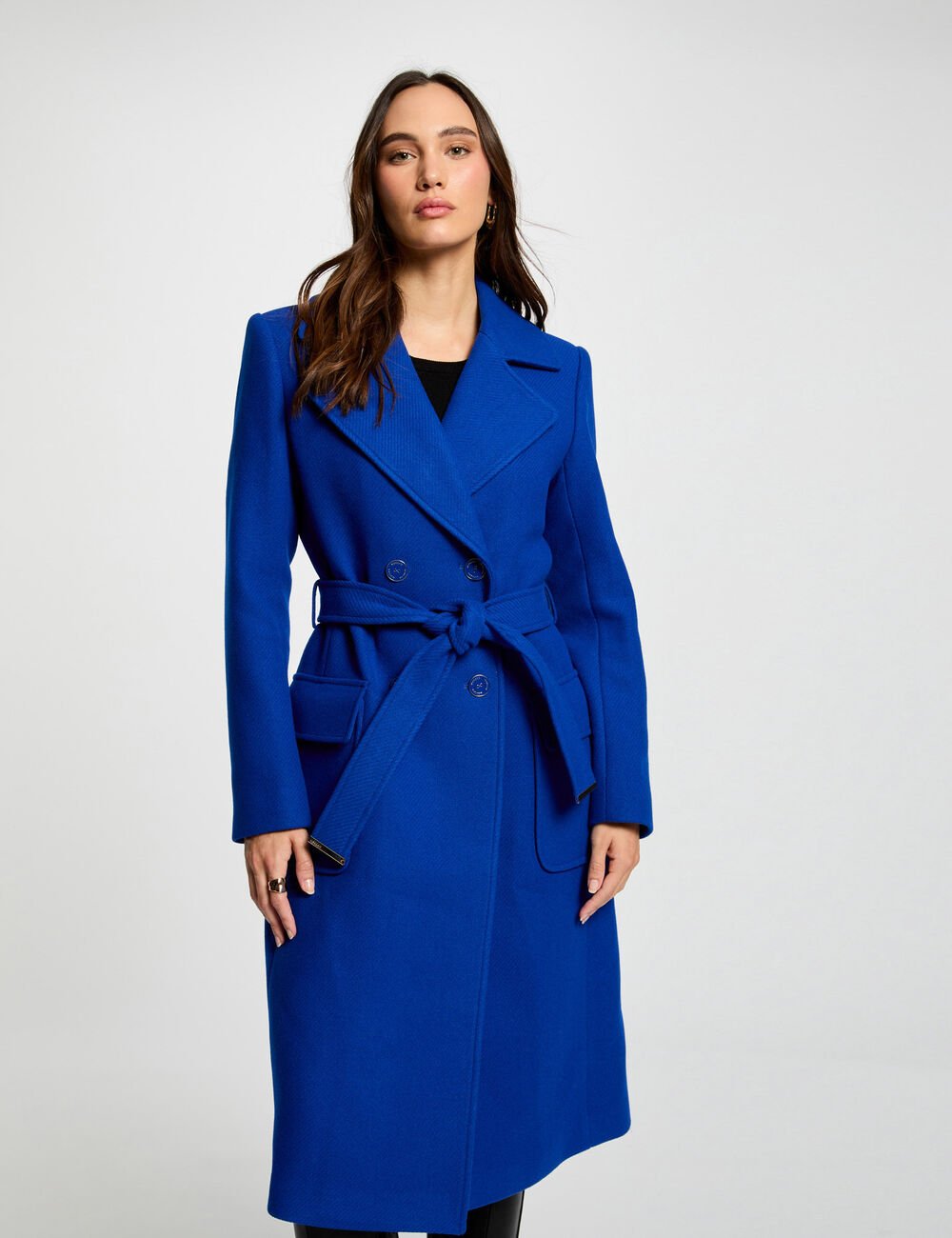 Manteau long cintré GRAZAY Morgan ceinturé bleu électrique