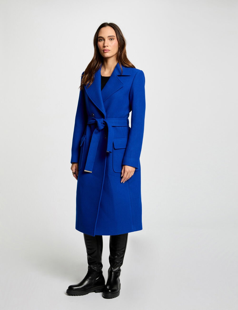 Manteau long cintré GRAZAY Morgan ceinturé bleu électrique