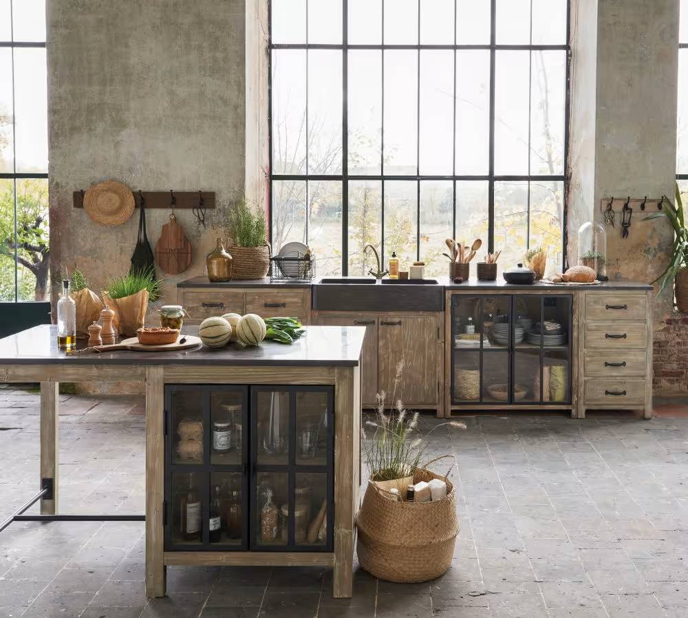 Meuble bas de cuisine GRETA pour évier 2 portes en pin recyclé grisé de MAISONS DU MONDE en Promotion à -60%