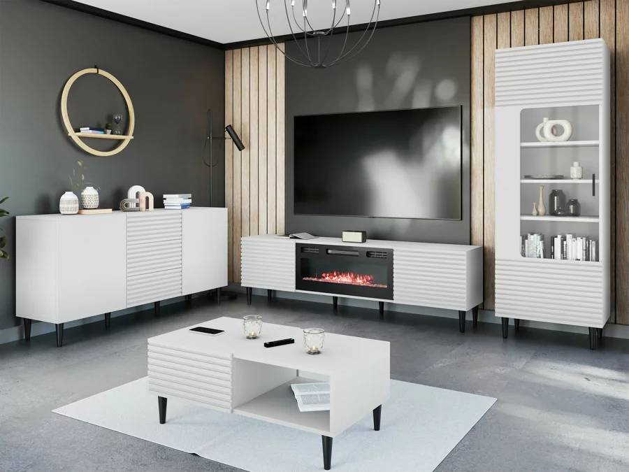 Meuble TV COMFIVO H110 Blanc avec Cheminée électrique - Mobilier1