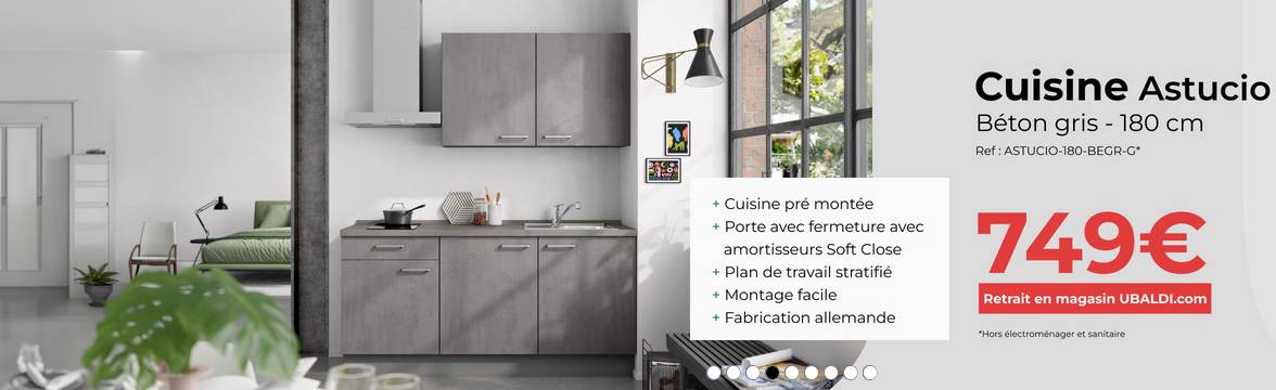 Pack Cuisine ASTUCIO UB DESIGN BETON GRIS GAUCHE 180 cm - Élégance et Fonctionnalité pour Petits Espaces