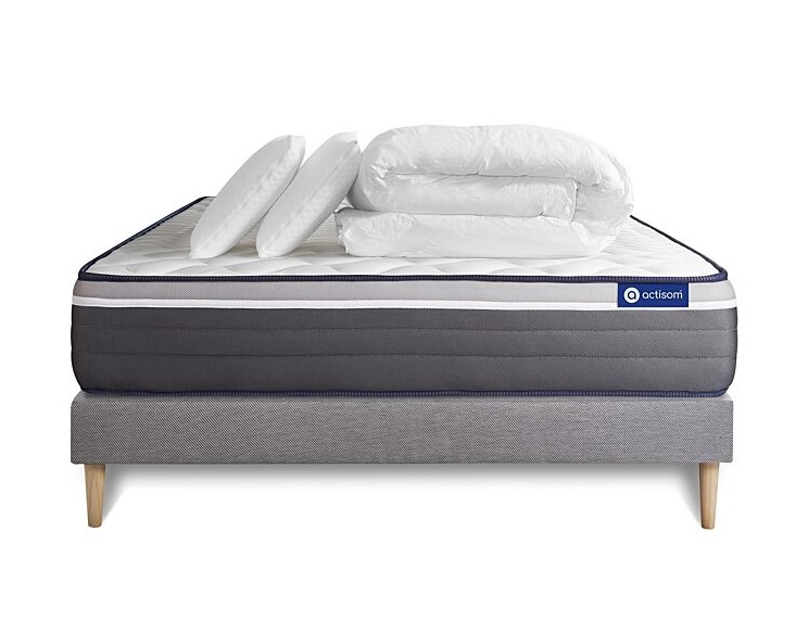 Pack prêt à dormir matelas ACTILATEX PLUS Latex + Mémoire de forme + sommier KIT gris + 2 oreillers + couette 