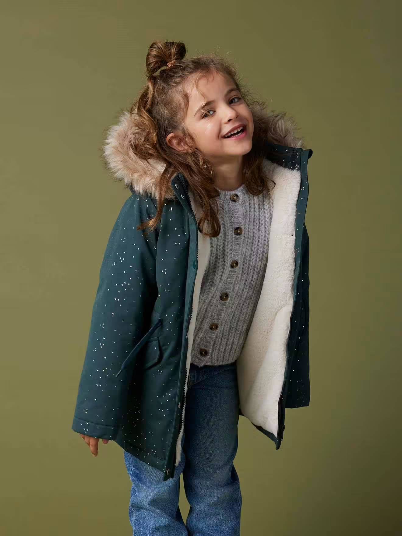 Parka à paillettes Glitter Fille Vertbaudet doublée fausse fourrure vert émeraude - Vertbaudet