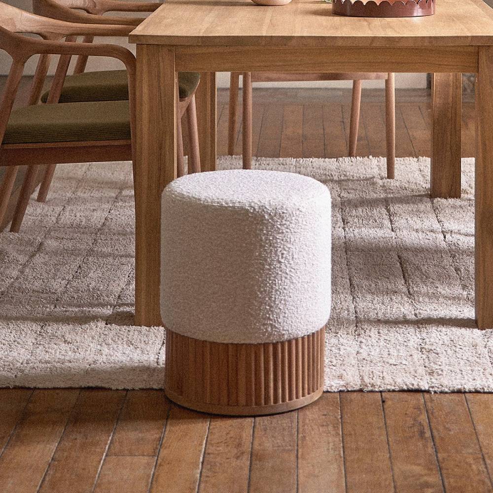 Pouf SERENE en teck massif et tissu bouclette blanc Ø38 cm - Berah Getah