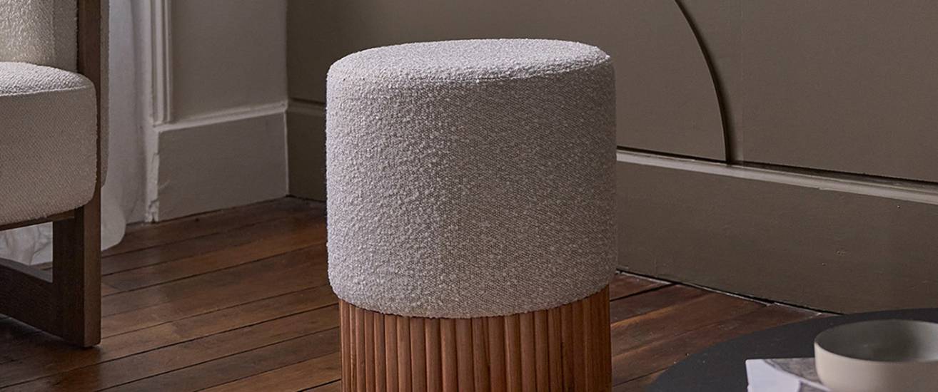 Pouf SERENE en teck massif et tissu bouclette blanc Ø38 cm - Pouf Berah Getah