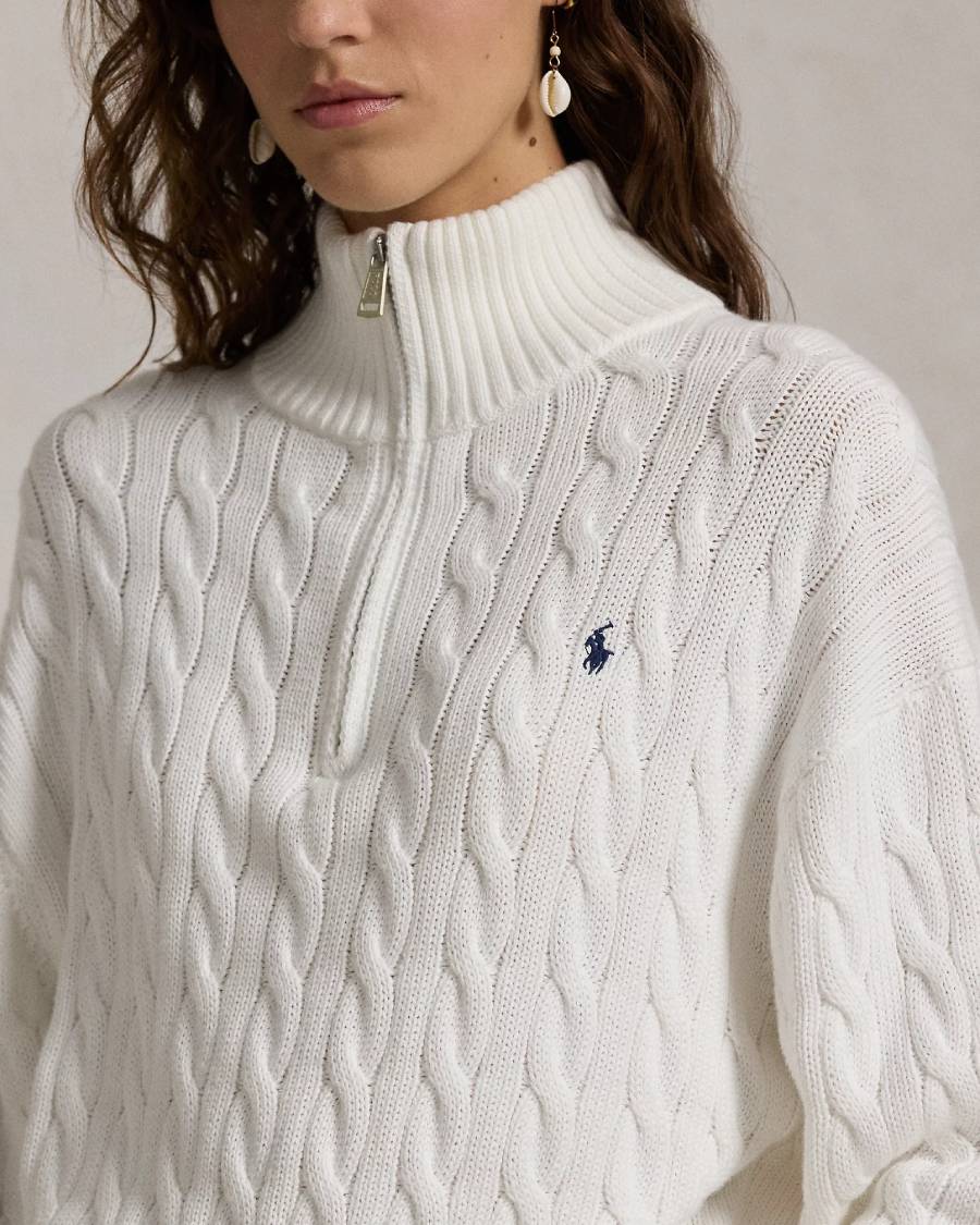 Polo Ralph Lauren Pull demi-zippé en coton torsadé blanc