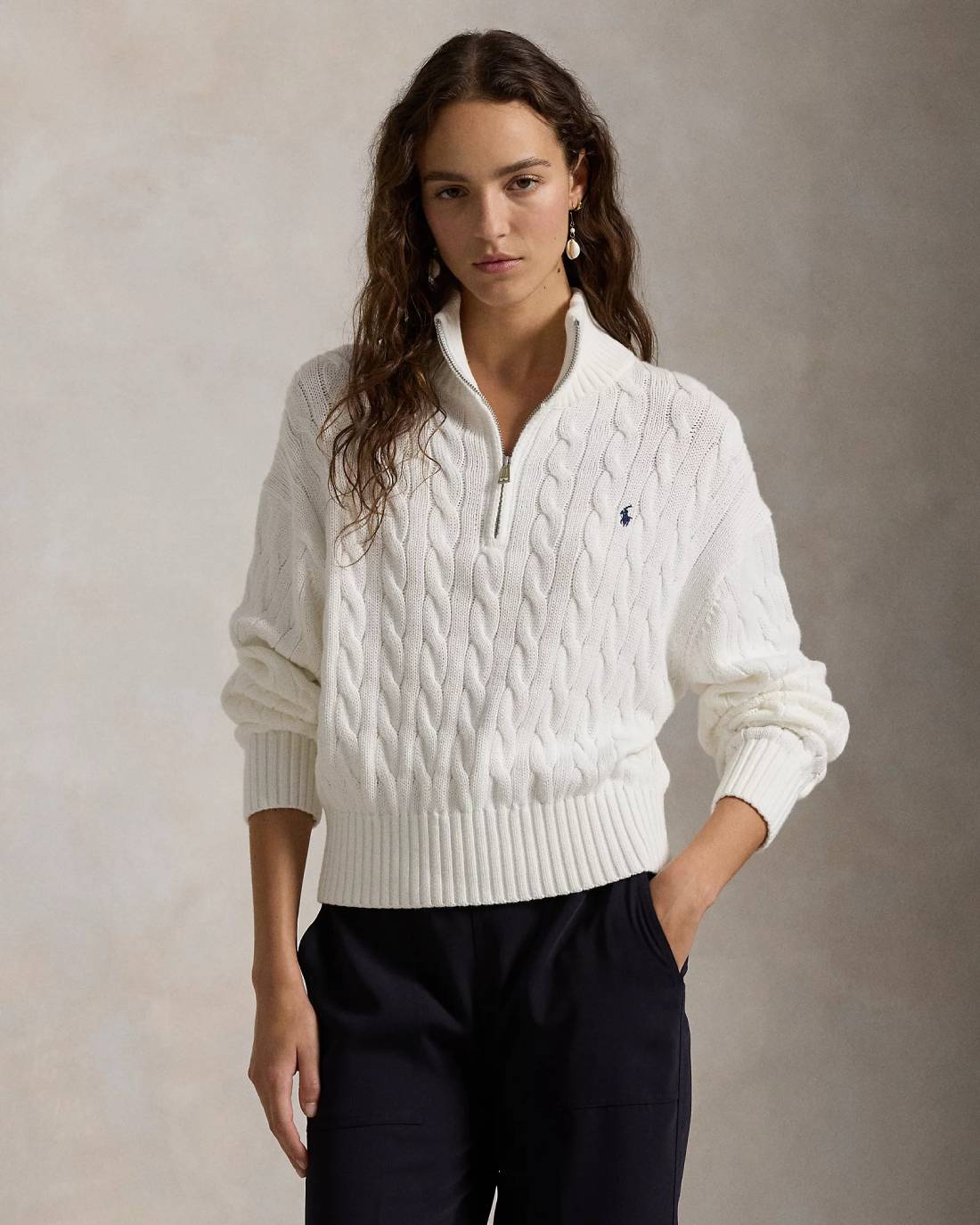 Polo Ralph Lauren Pull demi-zippé en coton torsadé blanc - Pull Femme Ralph Lauren