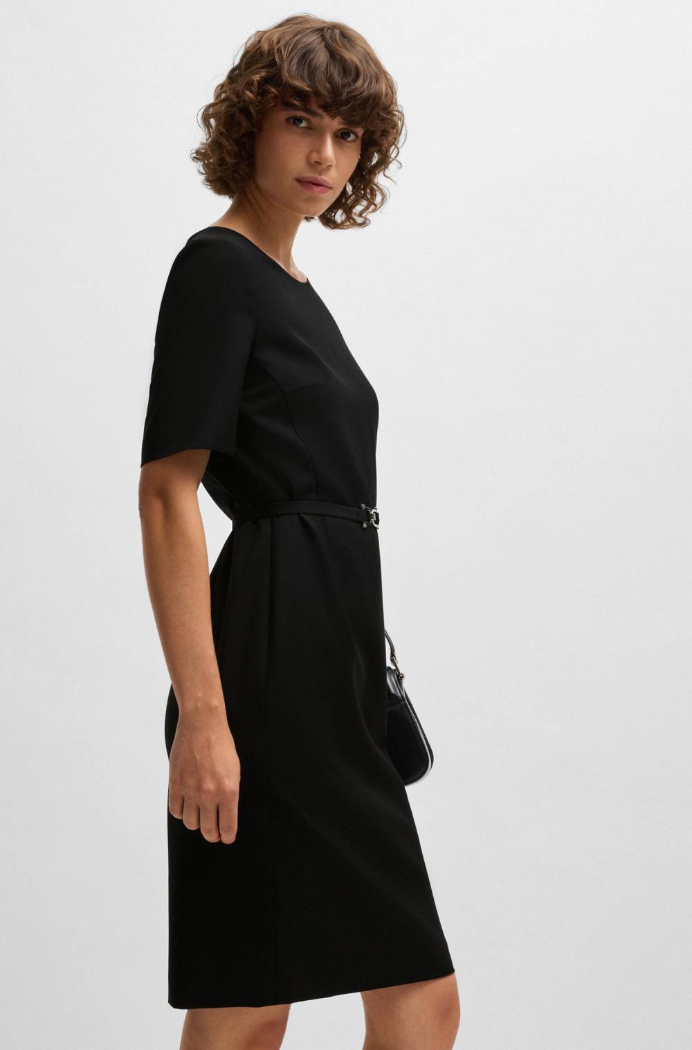 BOSS DALEAH Robe en laine vierge avec ceinture à boucle en métal Noir