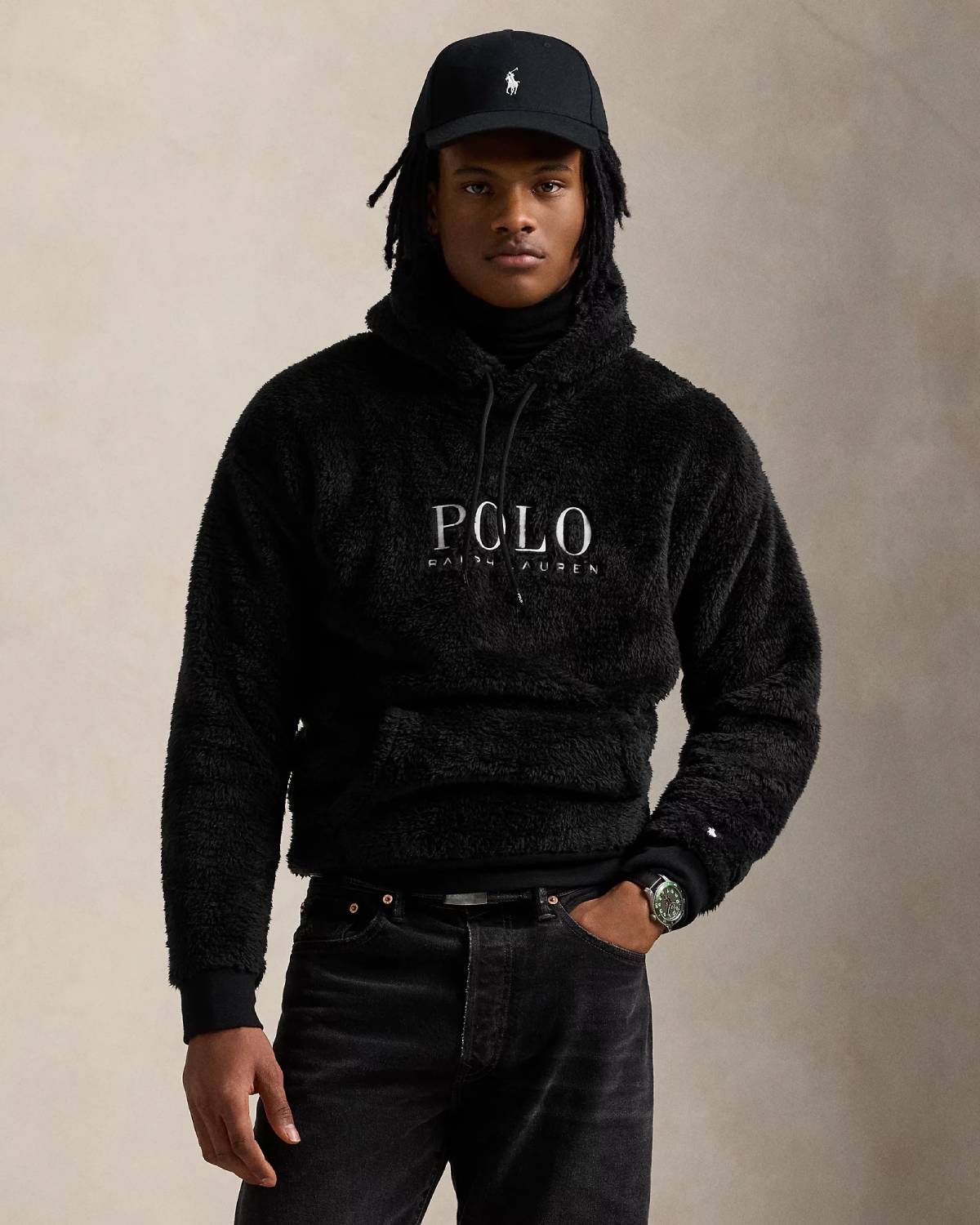 Polo Ralph Lauren Sweat à capuche logo en sherpa noir - Sweat Homme Ralph Lauren