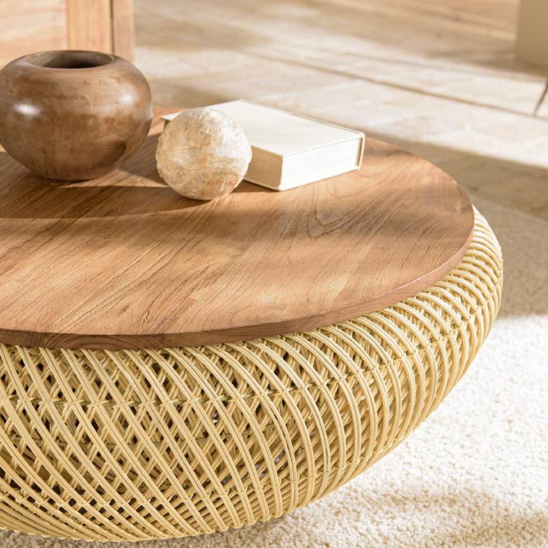 Table Basse Ronde en Rotin Beige Plateau Amovible de Macabane