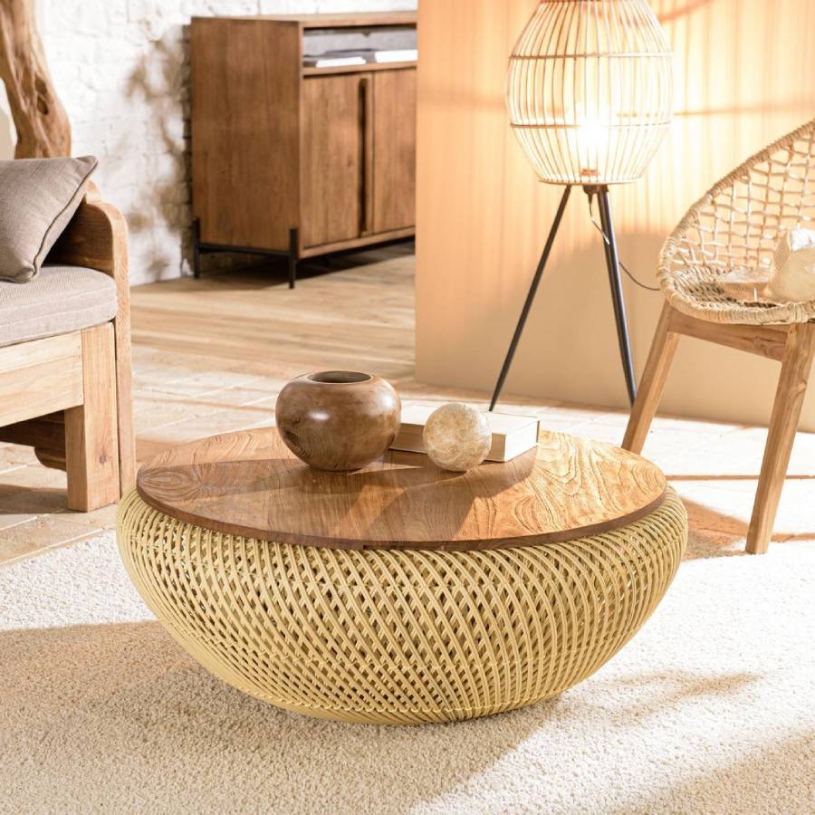 Table Basse Ronde en Rotin Beige Plateau Amovible de Macabane