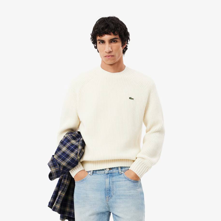 Pull en laine cardée épaisse Homme Lacoste col rond Blanc écru