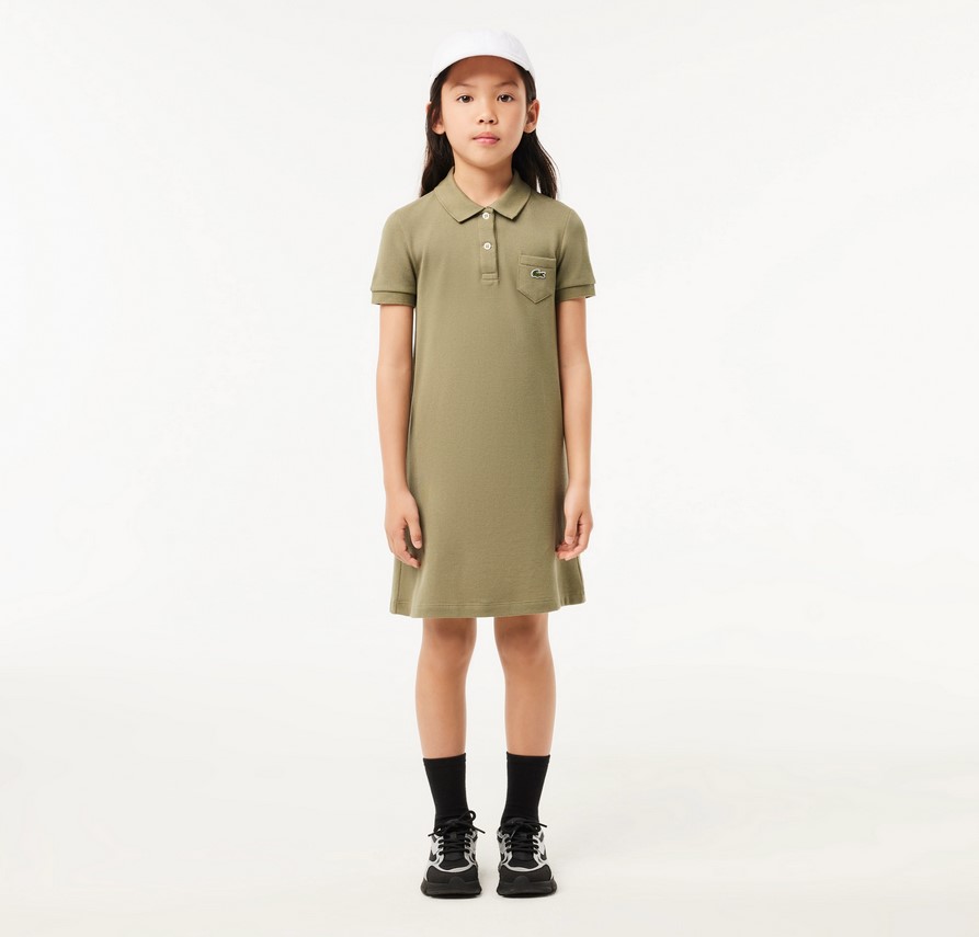 Robe polo Fille Lacoste en piqué de coton uni Vert kaki