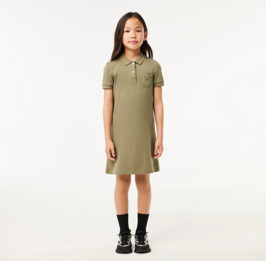 Robe polo Fille Lacoste en piqué de coton uni Vert kaki