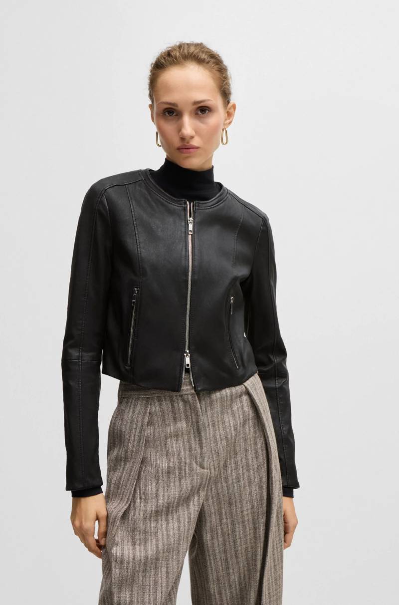 BOSS SAJOSA Veste en cuir Slim sans col noir