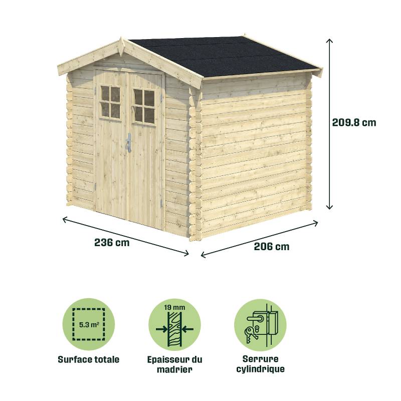 Abri de jardin Klikstrom MOKAU 5.3m² bois naturel